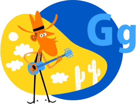 ABCMouse character playing guitar with letter 'G' in music-themed learning activity