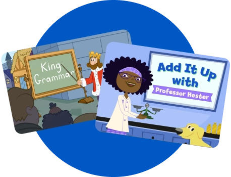 ABCMouse animation characters King Grammar and Professor Hester teaching grammar and math