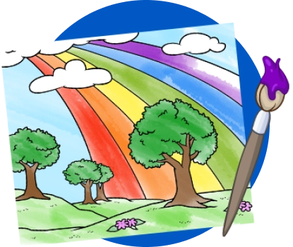 ABCMouse art activity featuring a painted rainbow and trees with a paintbrush