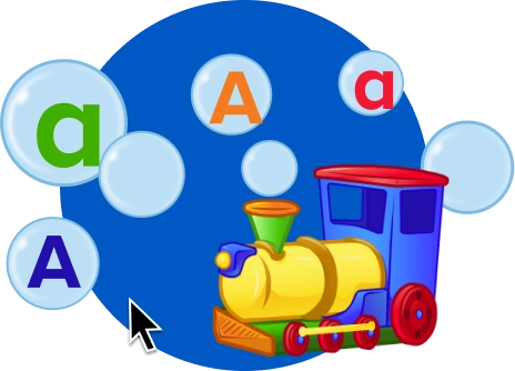 ABCMouse interactive game with alphabet bubbles and a colorful train teaching letters