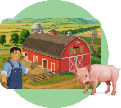 ABCMouse interactive farm with farmer and pig teaching children about farm animals