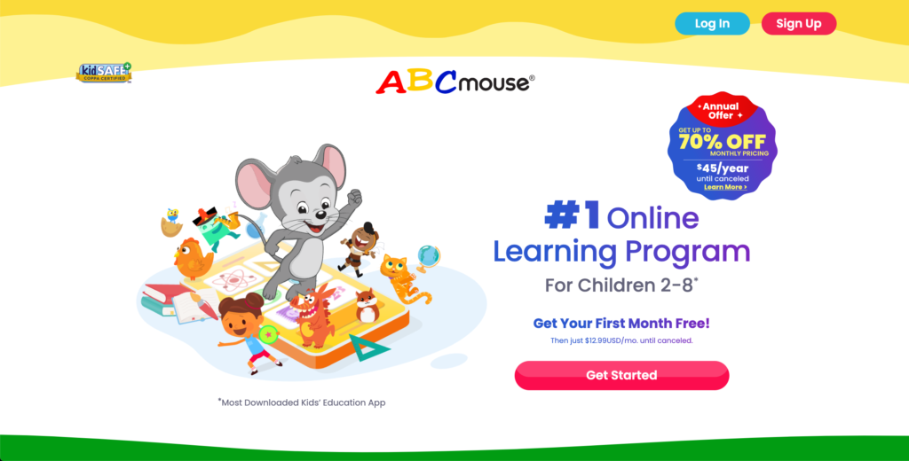 Animated mouse character leading a group of playful animals and children through interactive learning activities on ABCMouse.com, an online early education platform for kids.