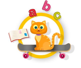 ABCMouse Reading and Language Arts mascot with a cat, book, and alphabet letters on a skateboard