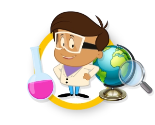 ABCMouse science and social studies mascot with a globe, beaker, and magnifying glass