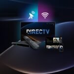 DIRECTV Stream on TV, tablet, and smartphone with remote control, showcasing streaming across multiple devices via satellite and Wi-Fi.