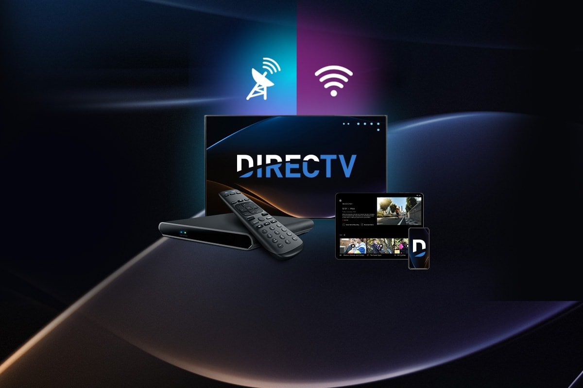 DIRECTV Stream on TV, tablet, and smartphone with remote control, showcasing streaming across multiple devices via satellite and Wi-Fi.